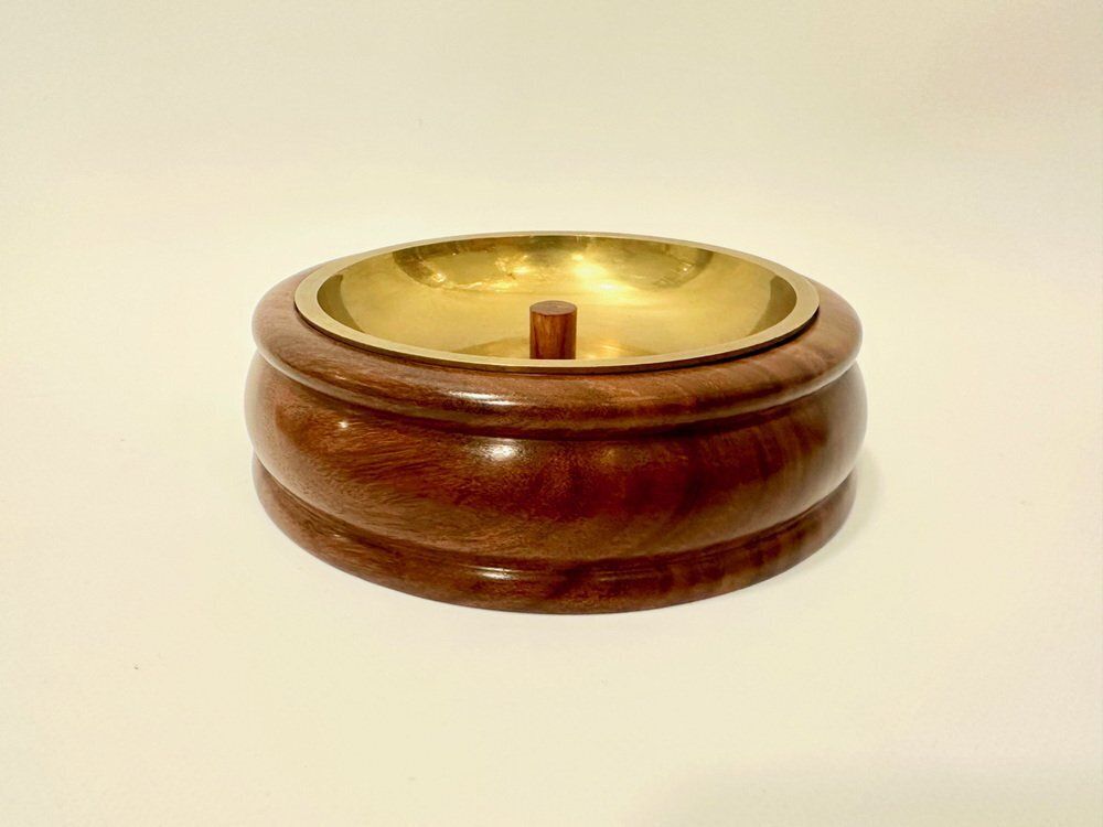 Mid Century Round Walnut And Brass Pipe Ashtray From Duk It Mcdonald Buffalo, USA, 1950s photo furniture