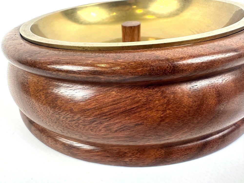 photo for sale Mid Century Round Walnut And Brass Pipe Ashtray From Duk It Mcdonald Buffalo, USA, 1950s