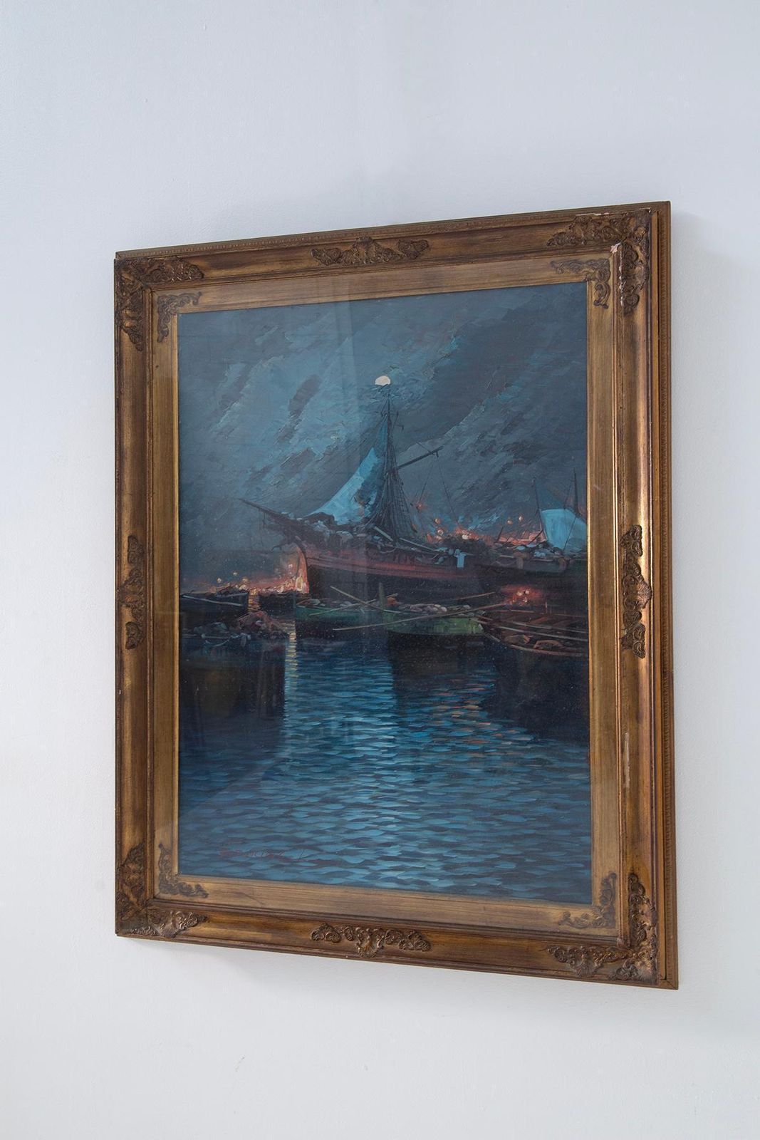 Oil Painting On Canvas By Vittorio Colucci, Title: Lampare. Signed photo for sale