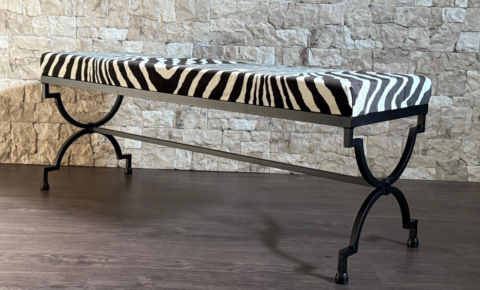 New Black Wrought Iron Curule Bench With Ralph Lauren Barlett Zebra Fabric photo 1920.0