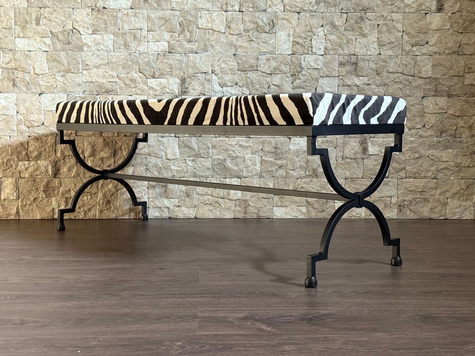 photo for sale New Black Wrought Iron Curule Bench With Ralph Lauren Barlett Zebra Fabric