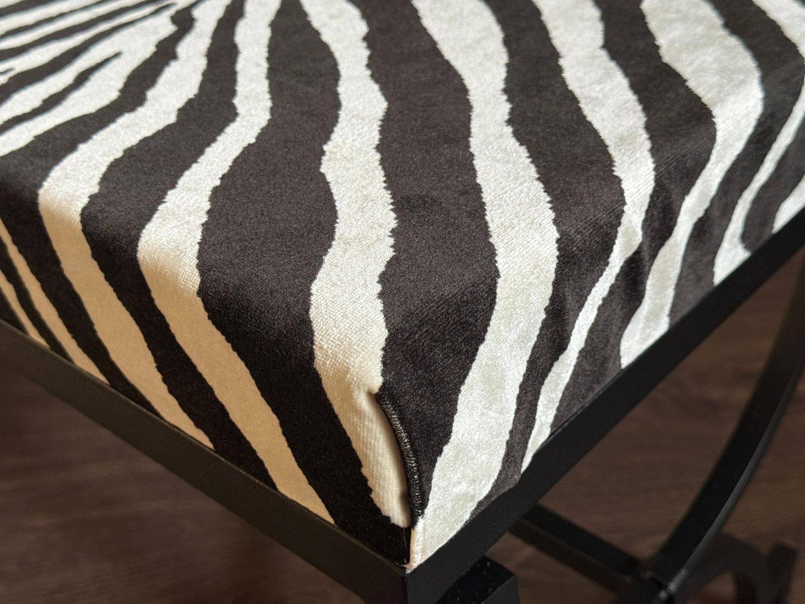1920.0 New Black Wrought Iron Curule Bench With Ralph Lauren Barlett Zebra Fabric photo