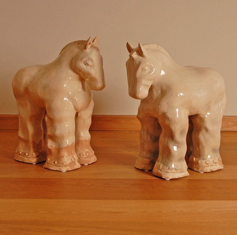 Art Tall Vintage Ceramic Horse Sculptures In Glazed Terracotta, Set Of 2 photo