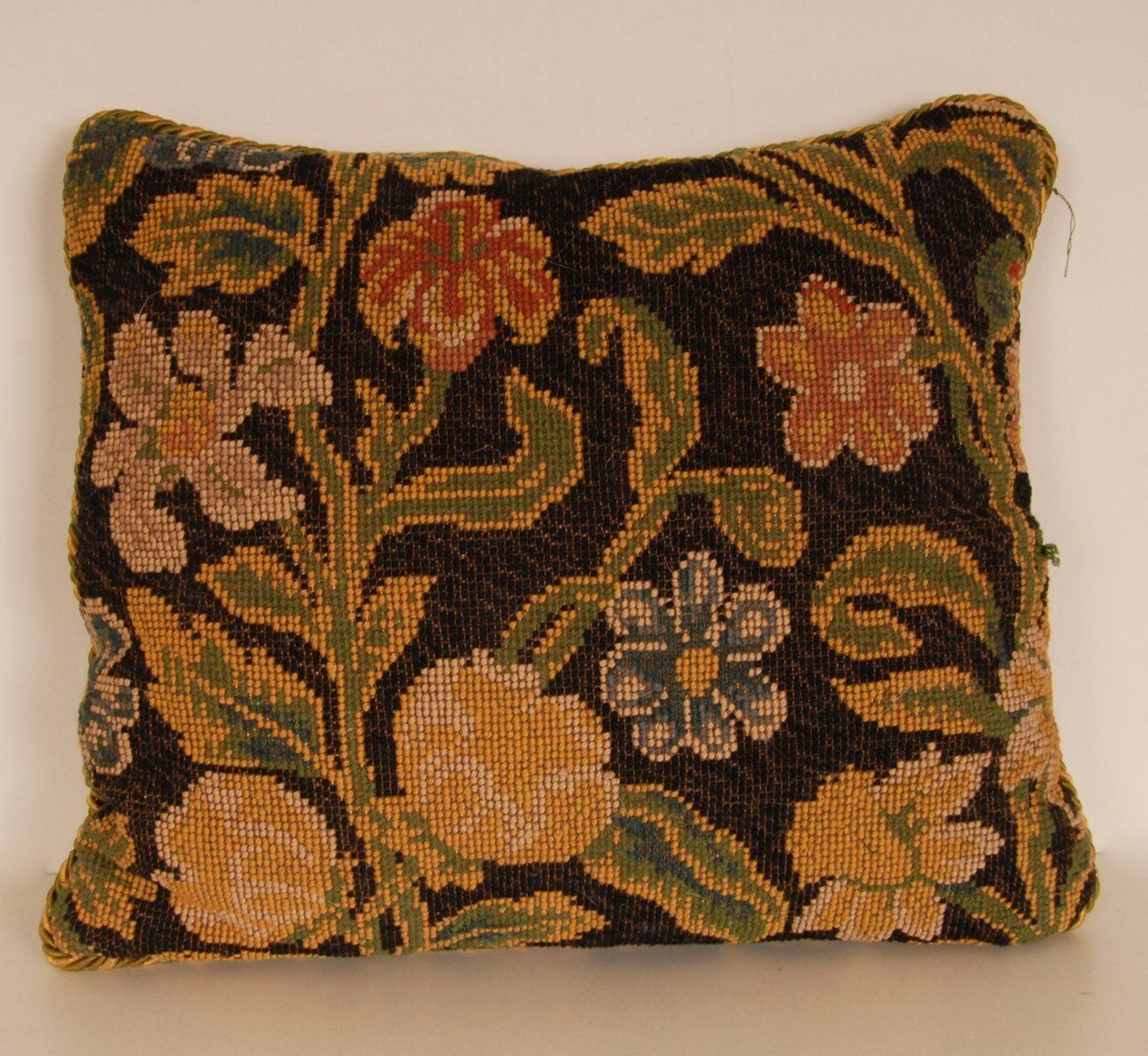 19th Century French Needlepoint Pillow Throw Cushion In Floral Dark Blue photo Textiles
