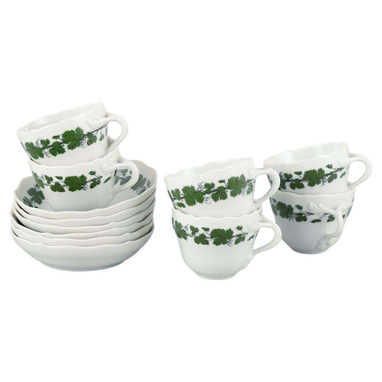 Meissen, Germany. Six Porcelain Mocha Cups With Saucers. Vine Leaf Pattern.