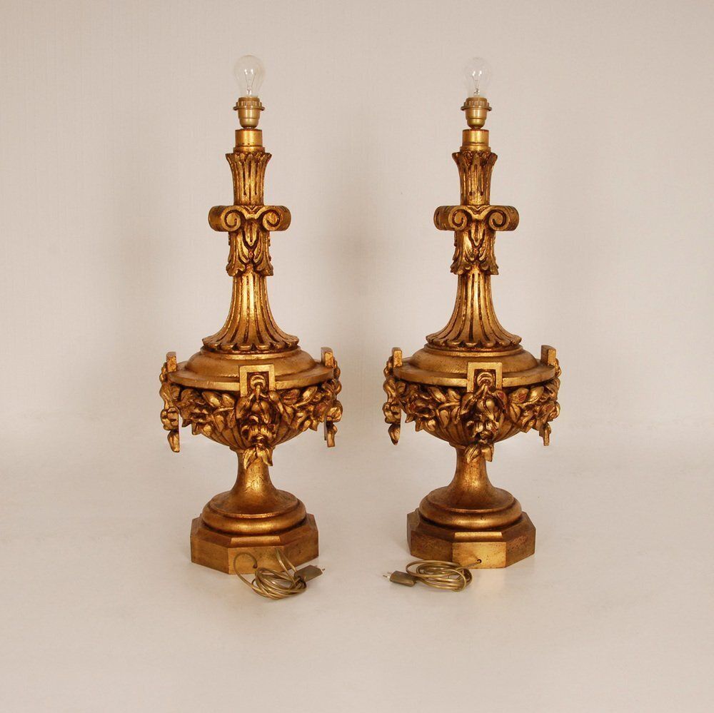 Neoclassical Italian Lamps In Carved Gold Giltwood, Set Of 2 photo Lighting
