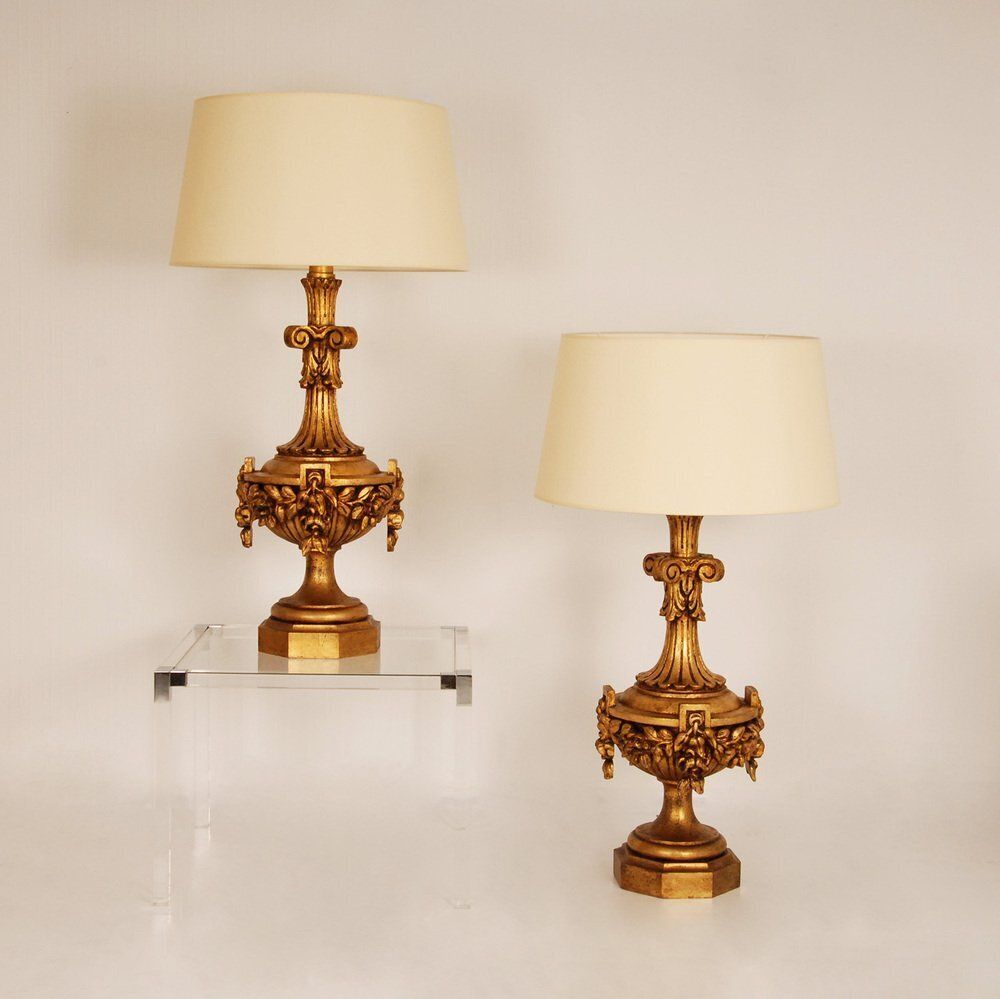 photo vinterior Neoclassical Italian Lamps In Carved Gold Giltwood, Set Of 2