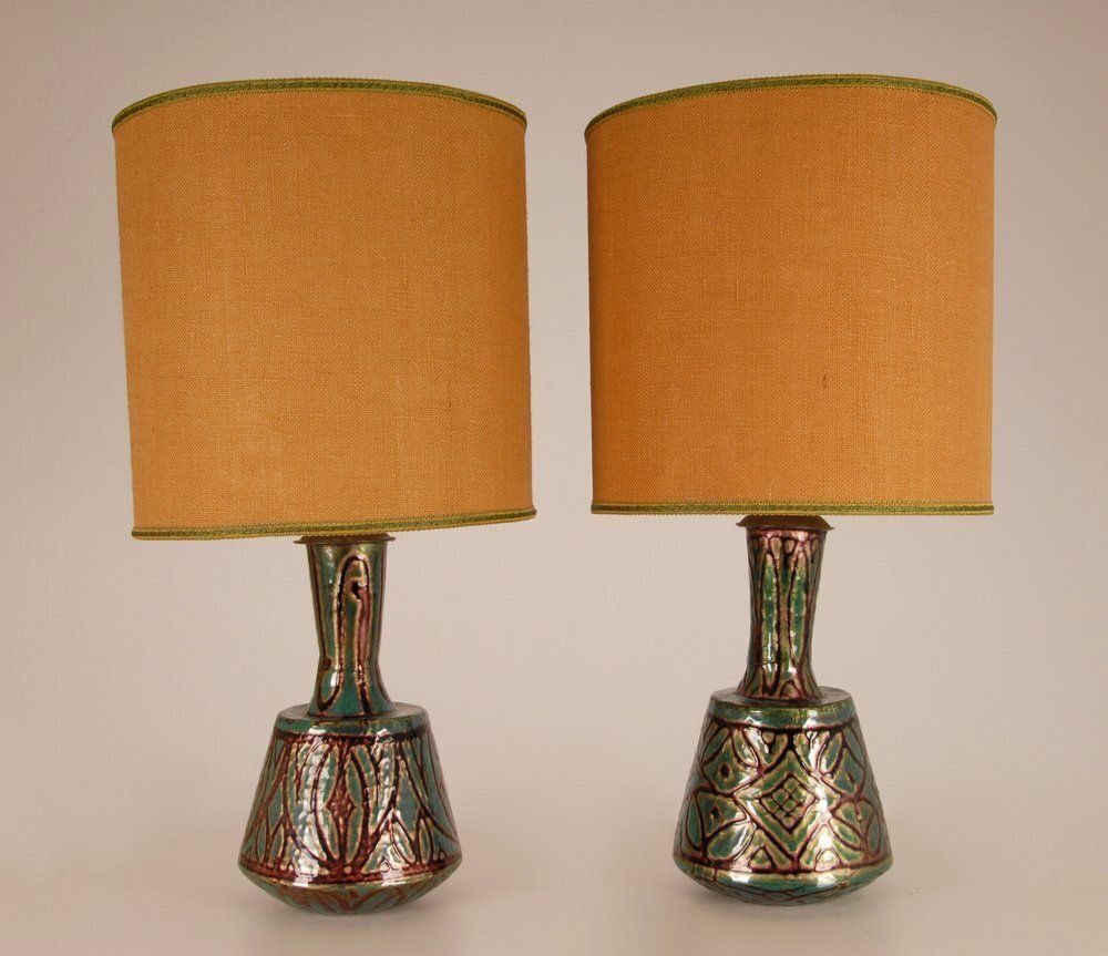 French Art Deco Geometric Table Lamps In Enamel On Copper By Camille Faure, 18th Century, Set Of 2