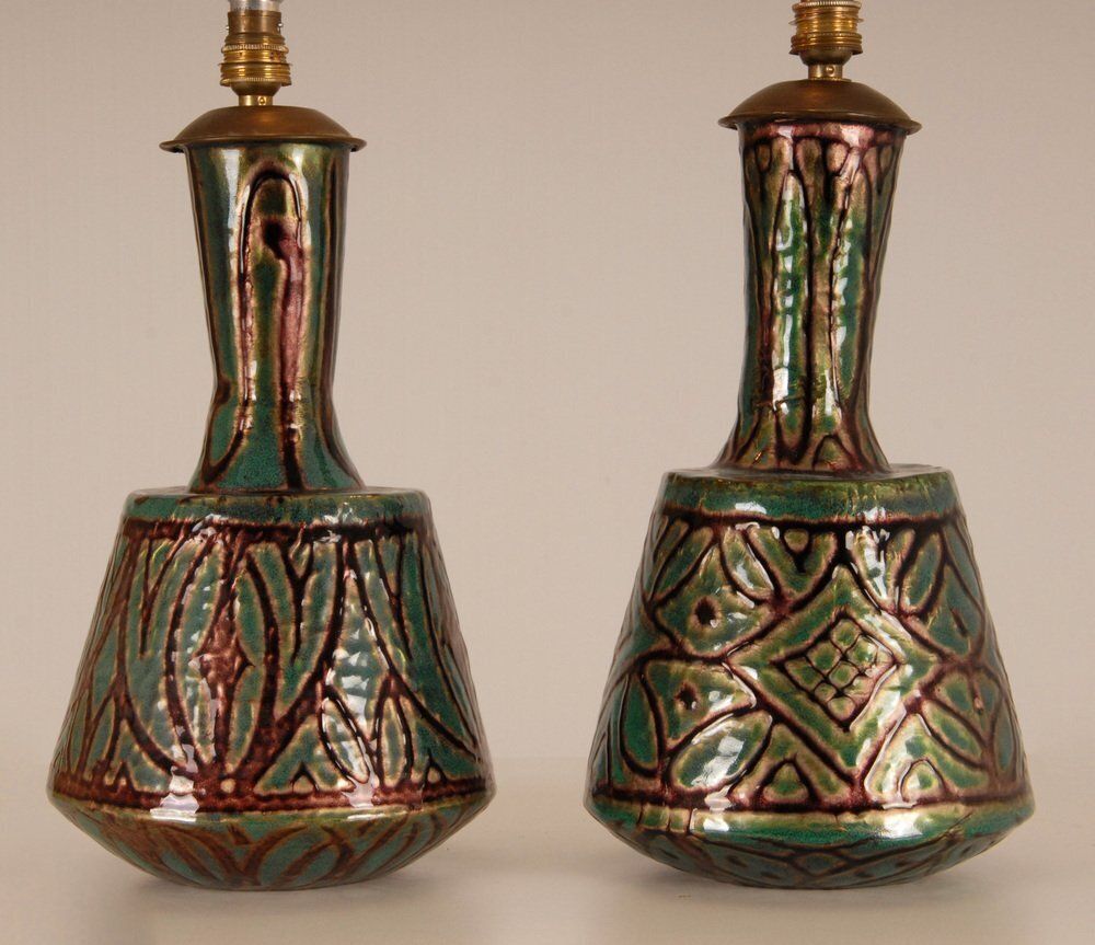 French Art Deco Geometric Table Lamps In Enamel On Copper By Camille Faure, 18th Century, Set Of 2 photo 1916.0
