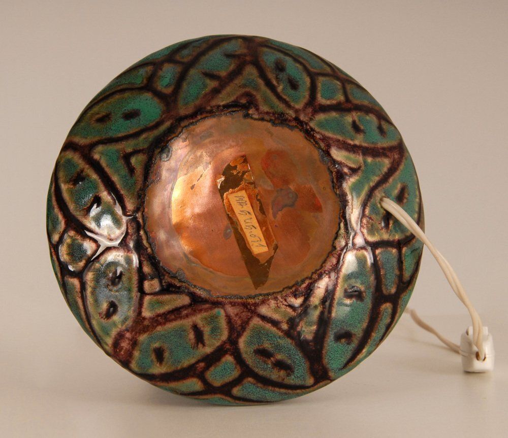 French Art Deco Geometric Table Lamps In Enamel On Copper By Camille Faure, 18th Century, Set Of 2 photo vinterior