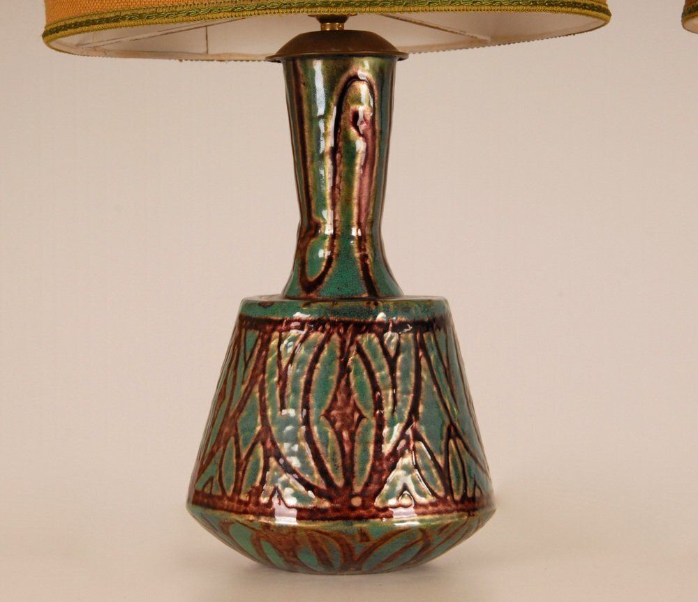 photo vintage French Art Deco Geometric Table Lamps In Enamel On Copper By Camille Faure, 18th Century, Set Of 2