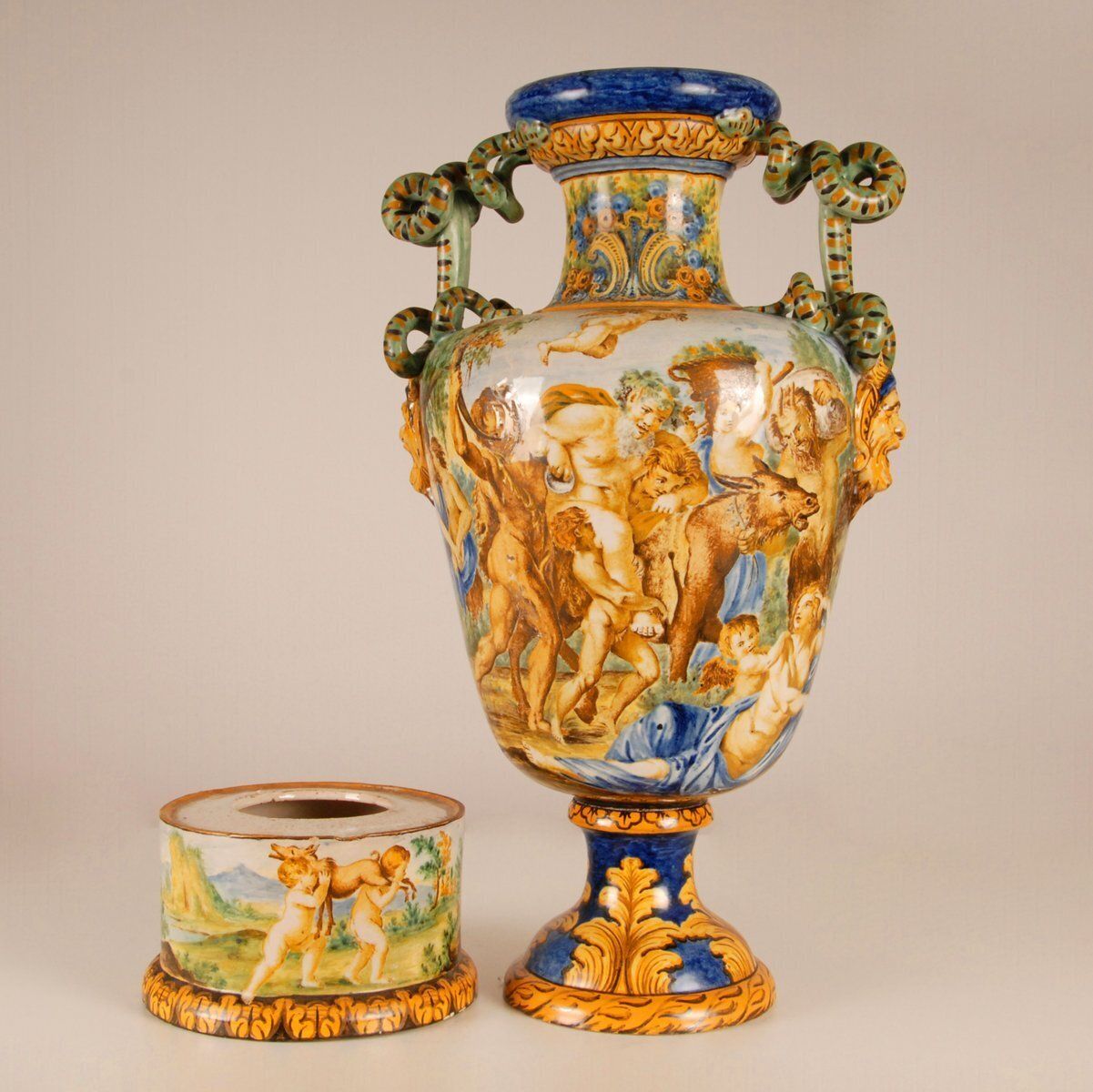 Tall Italian Majolica Serpentine Handles Vase With Separate Base Depicting Mythological Scene By Annibale Carracci, Farnese Gallery, Rome, 1597