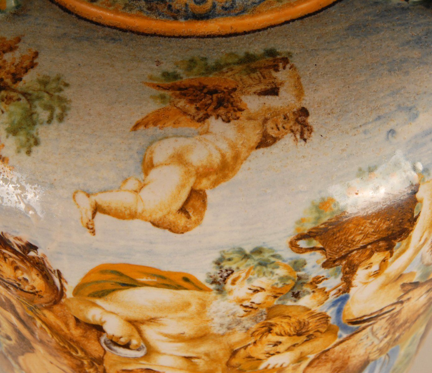 Tall Italian Majolica Serpentine Handles Vase With Separate Base Depicting Mythological Scene By Annibale Carracci, Farnese Gallery, Rome, 1597 photo for sale