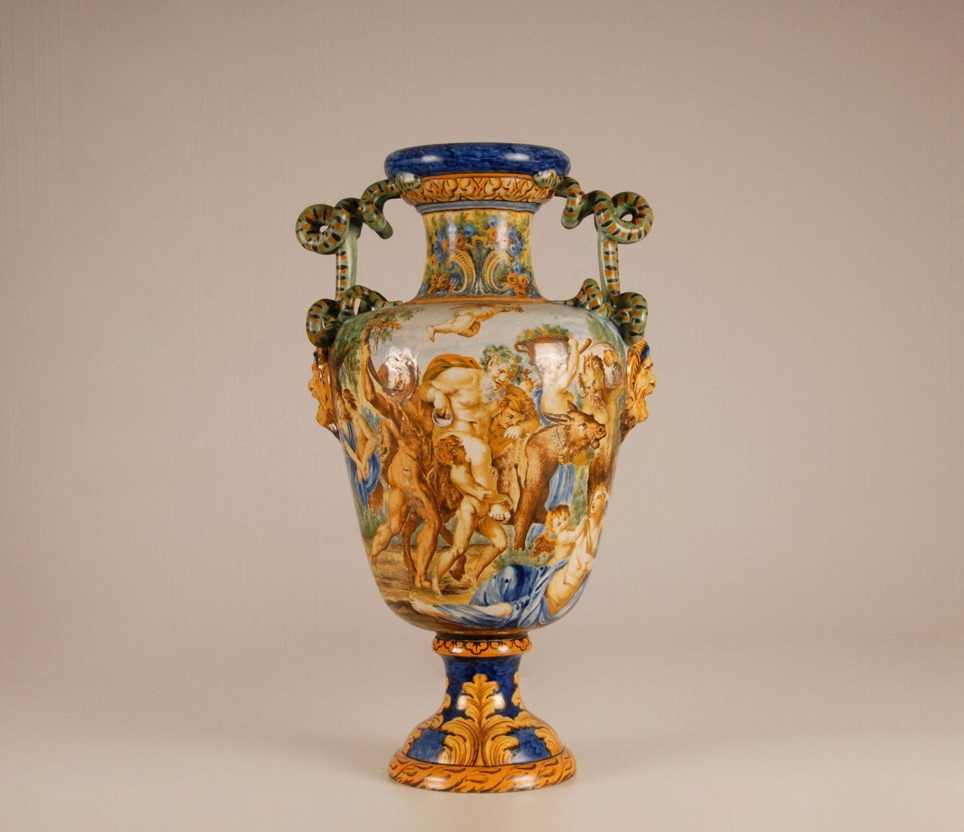 Tall Italian Majolica Serpentine Handles Vase With Separate Base Depicting Mythological Scene By Annibale Carracci, Farnese Gallery, Rome, 1597 photo Home Decor
