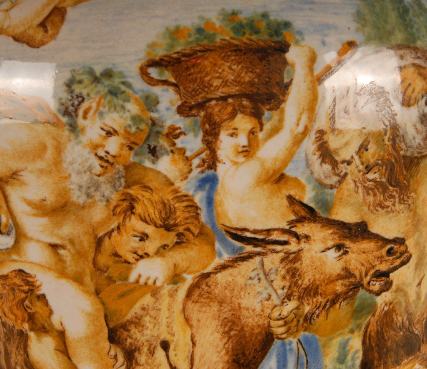 Tall Italian Majolica Serpentine Handles Vase With Separate Base Depicting Mythological Scene By Annibale Carracci, Farnese Gallery, Rome, 1597 photo vinterior