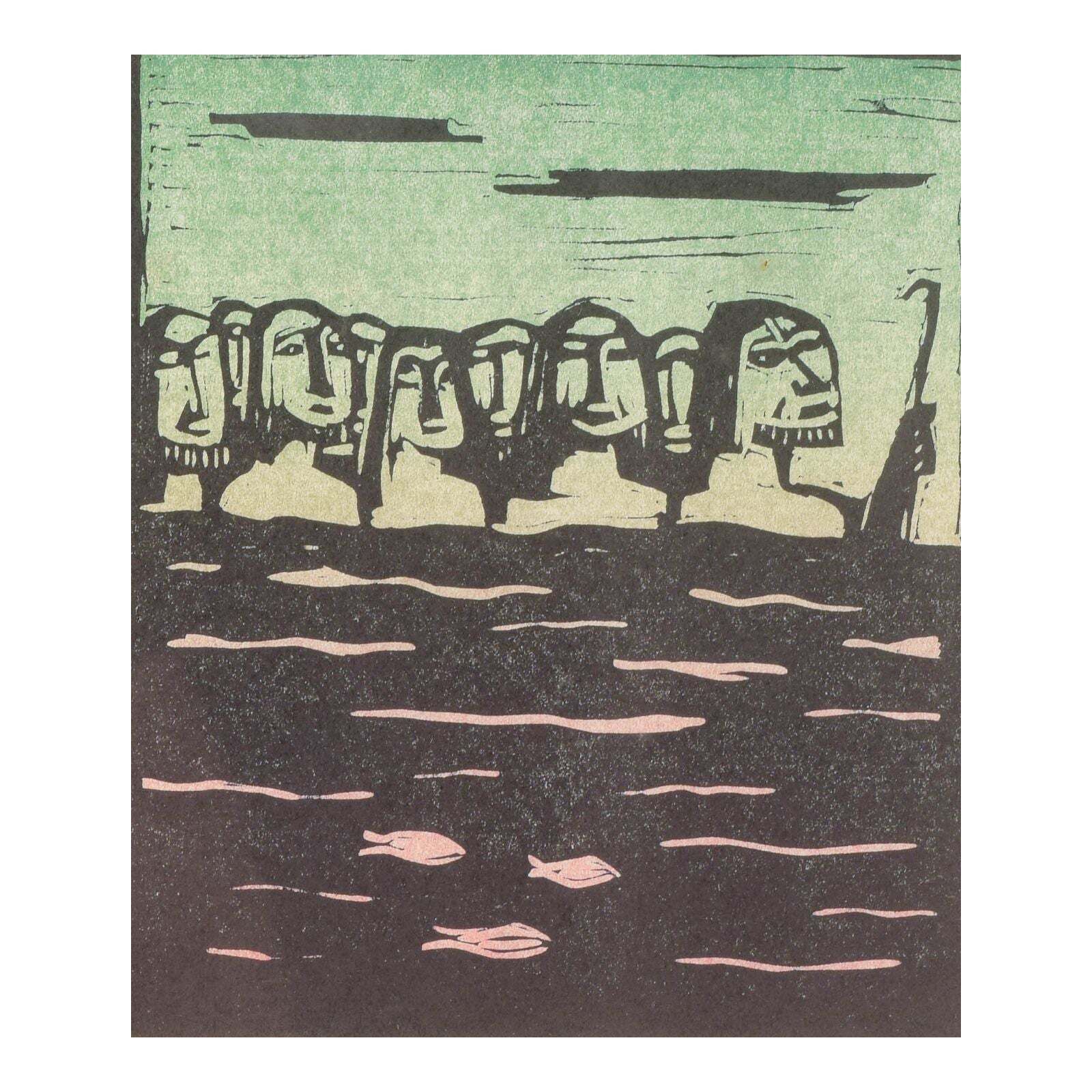 åke Holm. Woodcut On Paper. Biblical Motif With Group Of Figures By Water.