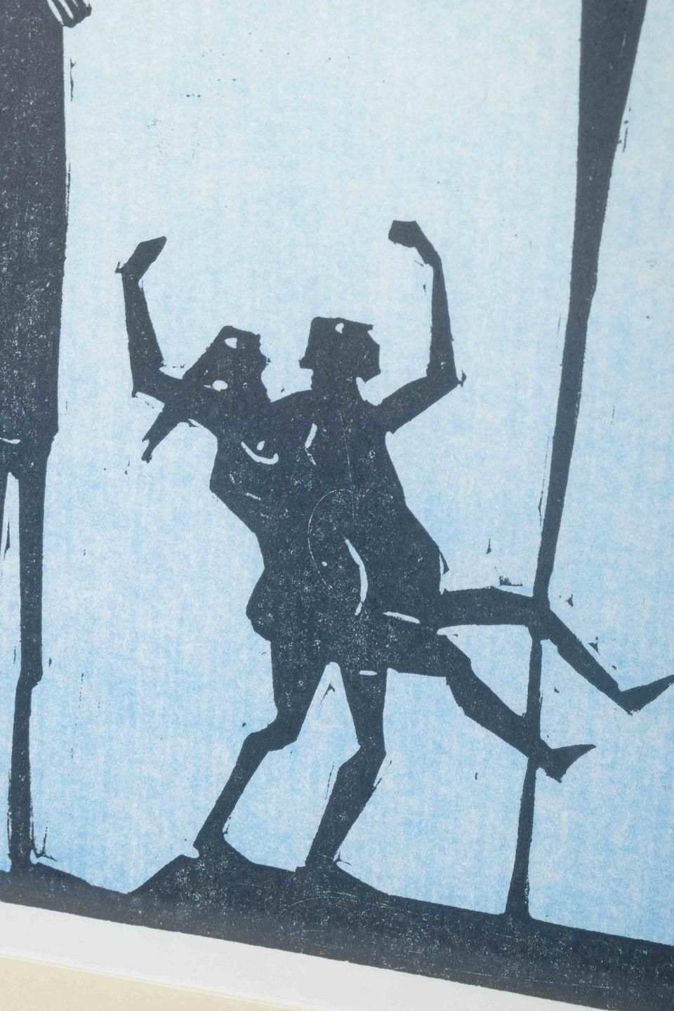 åke Holm, Sweden. Black And White Woodcut With Three Stylized Figures. 1970s photo for sale