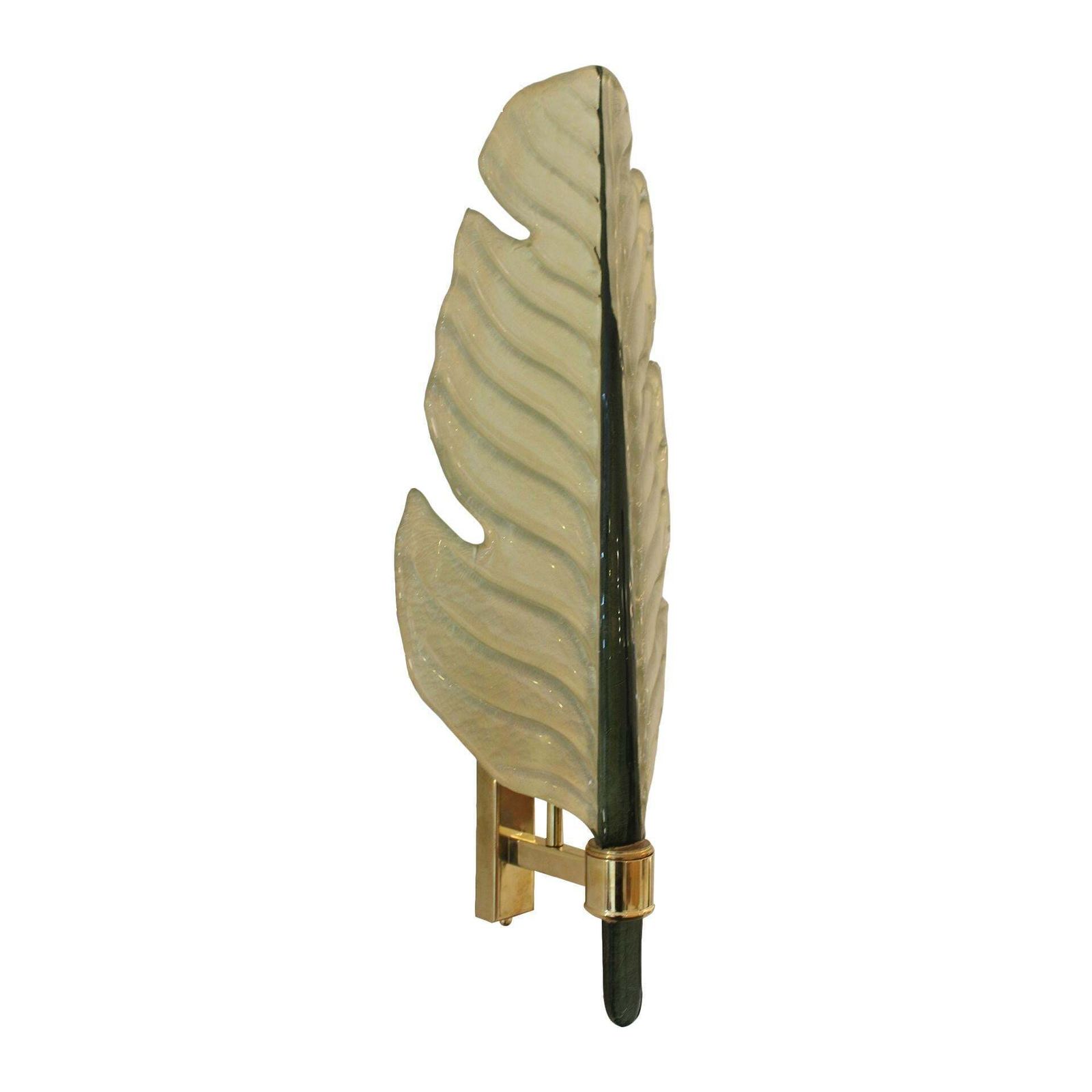 Mid Modern Style Pair Of Green Leaf Murano Glass And Brass Italian Wall Sconces photo for sale