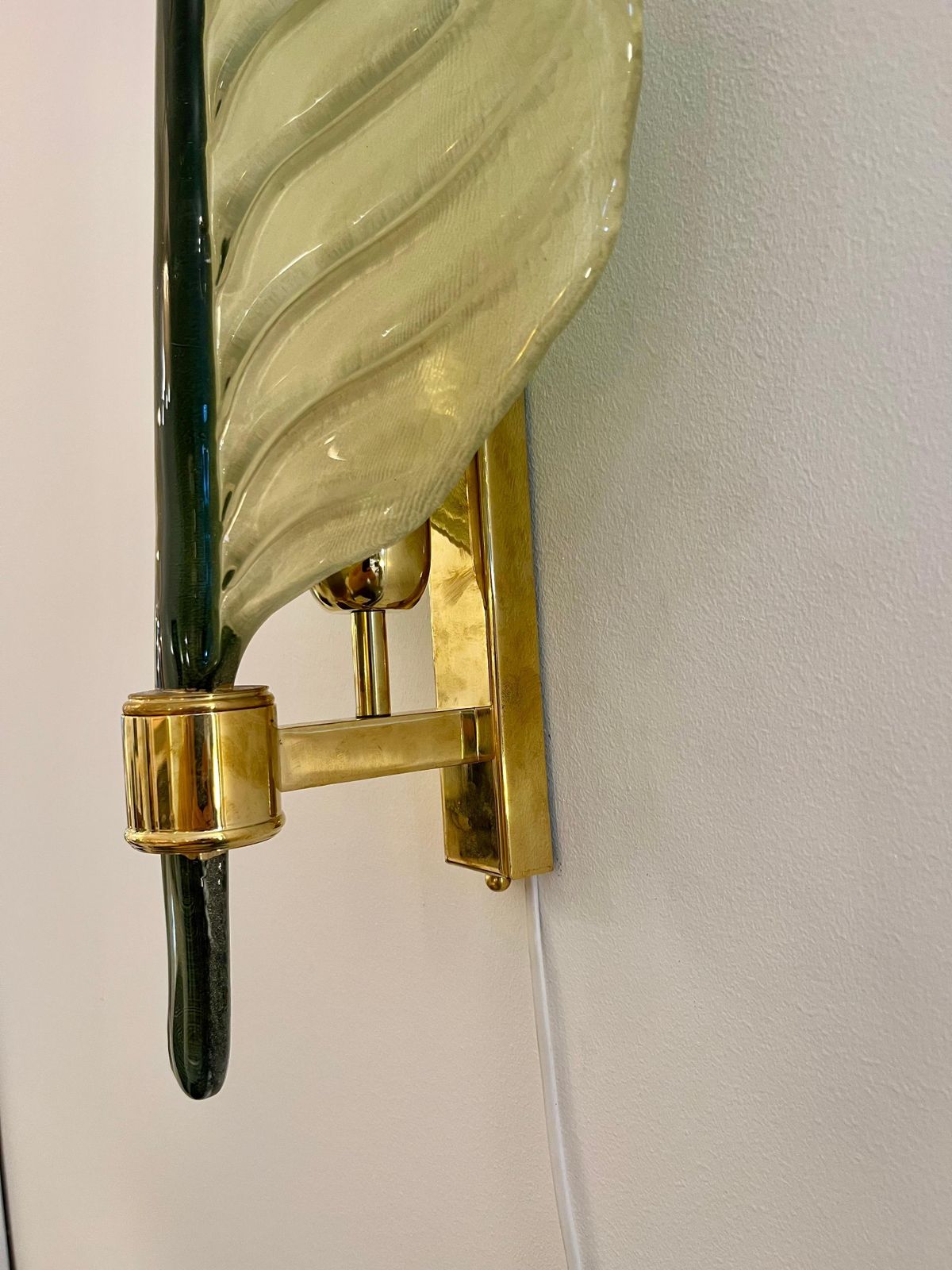 photo for sale Mid Modern Style Pair Of Green Leaf Murano Glass And Brass Italian Wall Sconces