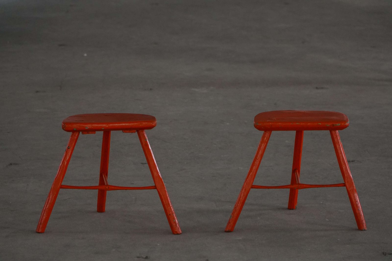 Pair Of Patinated Red Painted Wooden Stools With Splayed Legs, 1950s–1960s photo Furniture