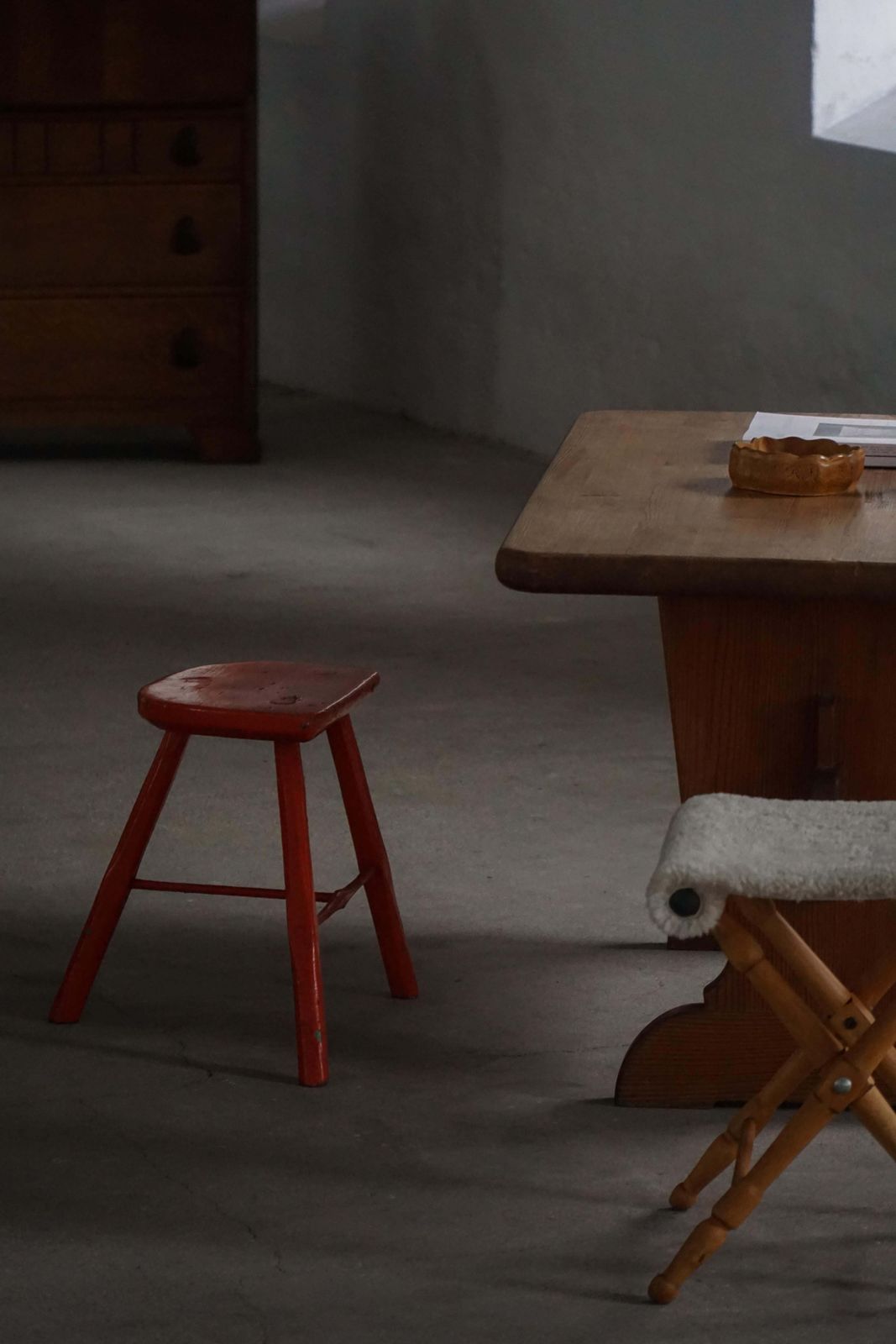 Pair Of Patinated Red Painted Wooden Stools With Splayed Legs, 1950s–1960s photo 671.0