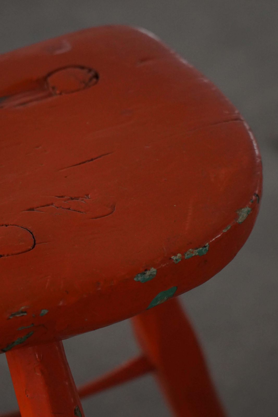 photo for sale Pair Of Patinated Red Painted Wooden Stools With Splayed Legs, 1950s–1960s