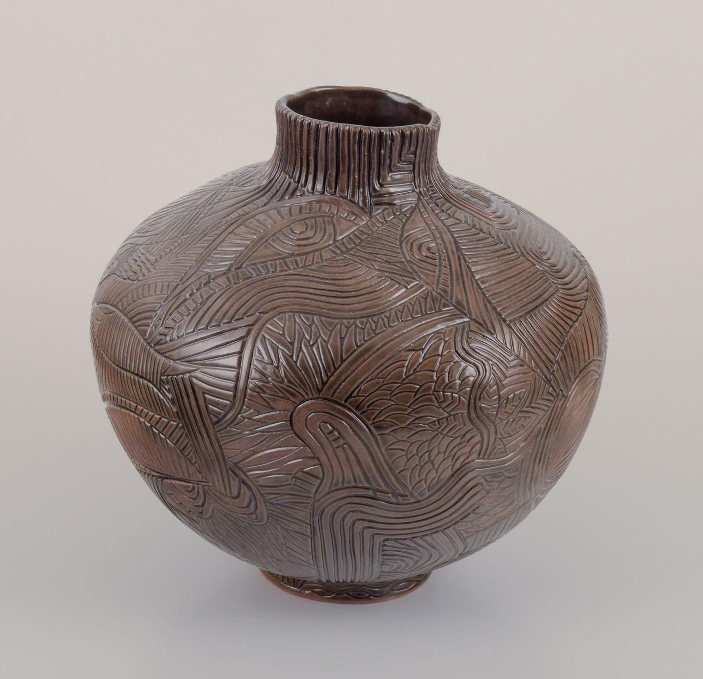 Christina Muff, Contemporary Danish Artist. Unique Stoneware Vase With Carvings. photo Home Decor