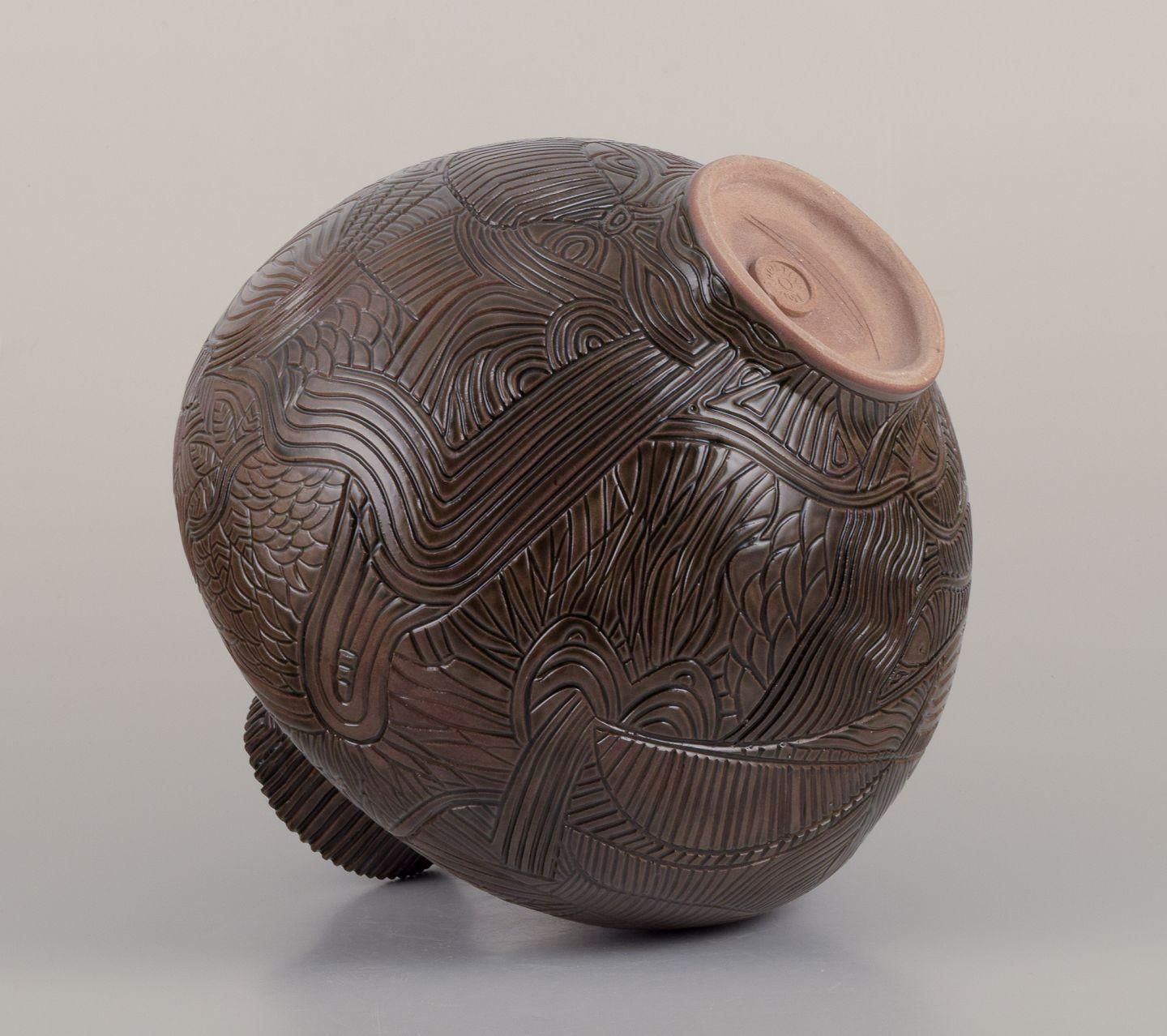 Christina Muff, Contemporary Danish Artist. Unique Stoneware Vase With Carvings. photo vintage