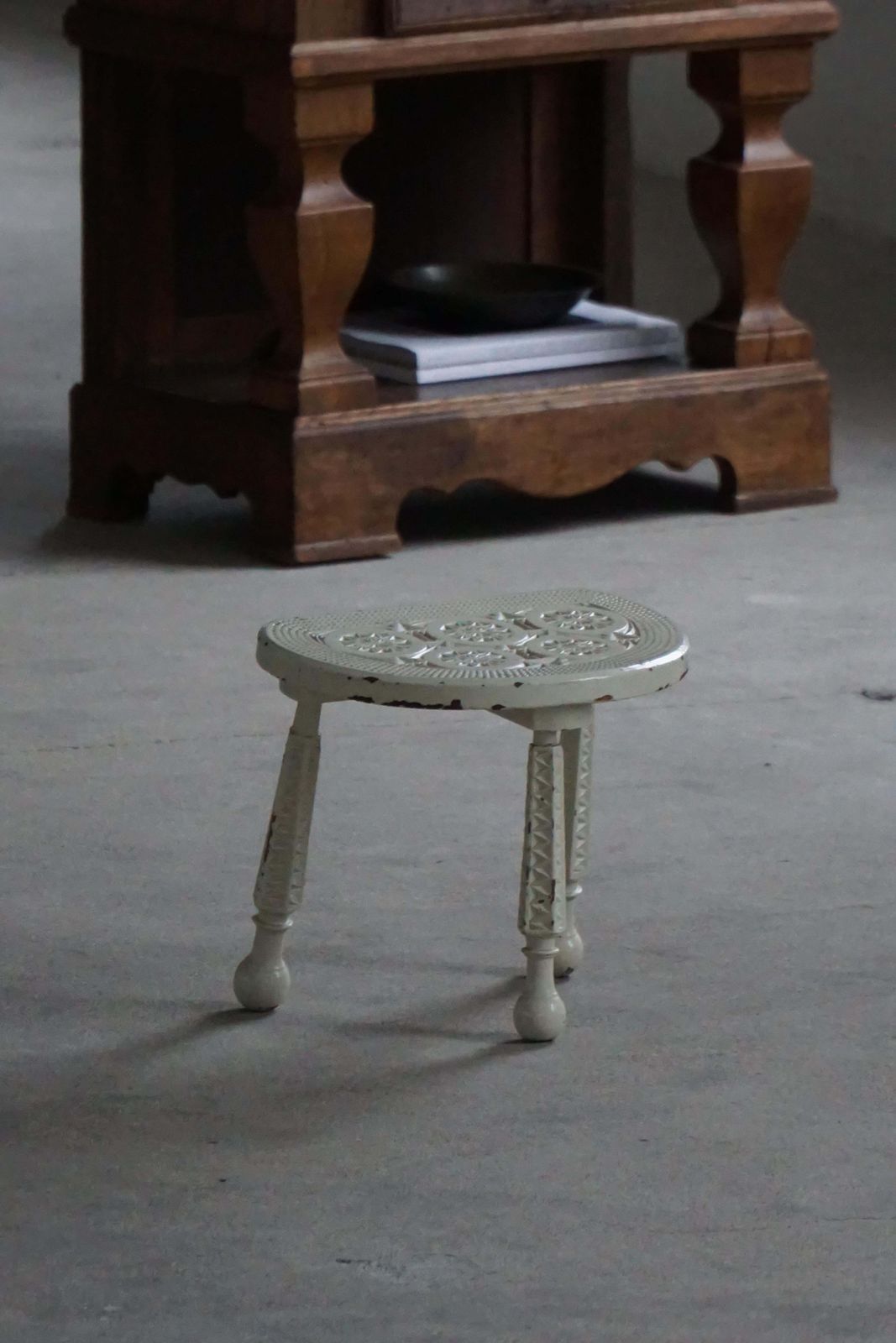 Early Danish 20th Century, Wooden Tripod Stool With Carved Details, 1930s photo furniture