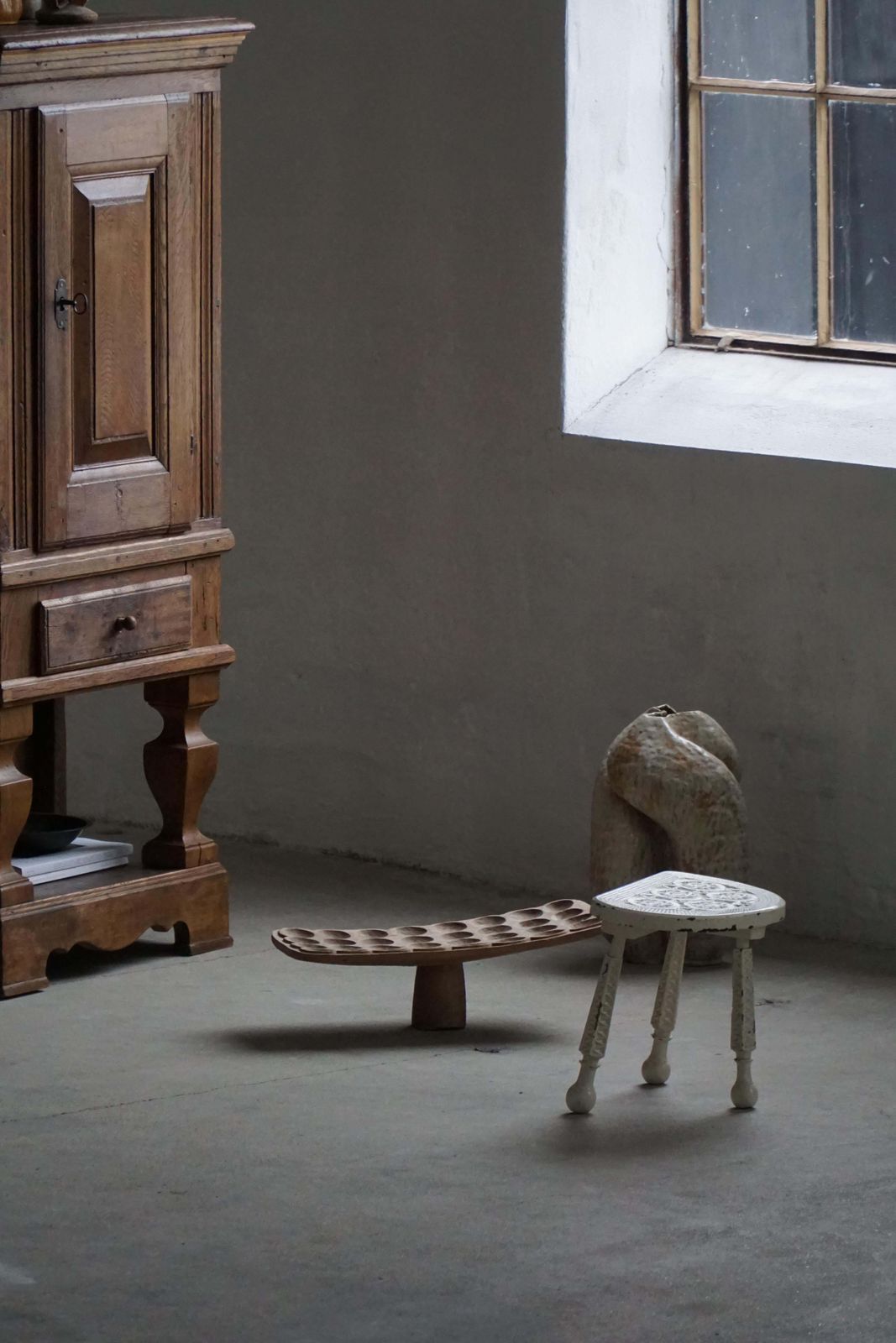 Early Danish 20th Century, Wooden Tripod Stool With Carved Details, 1930s photo for sale