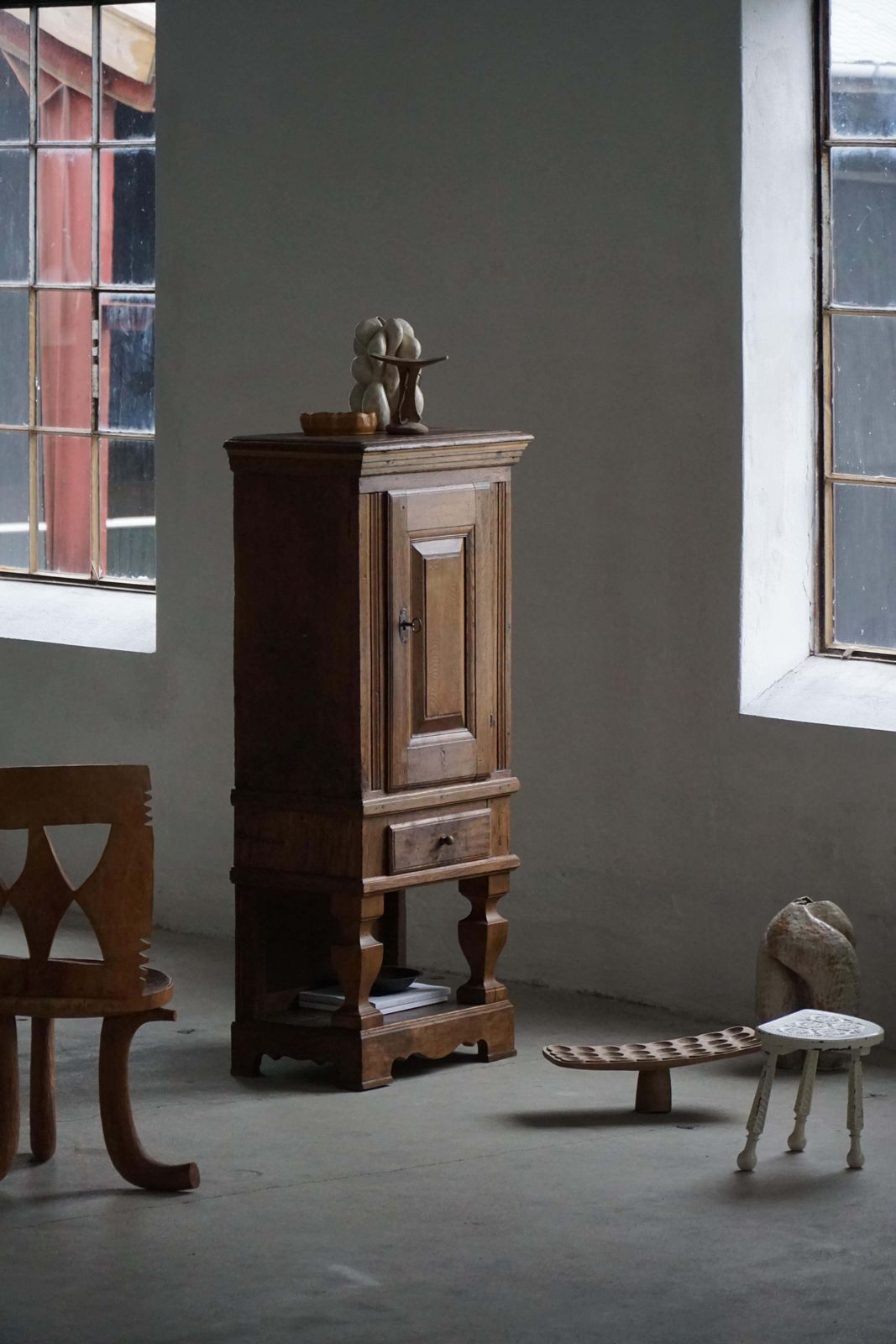 Early Danish 20th Century, Wooden Tripod Stool With Carved Details, 1930s photo vintage
