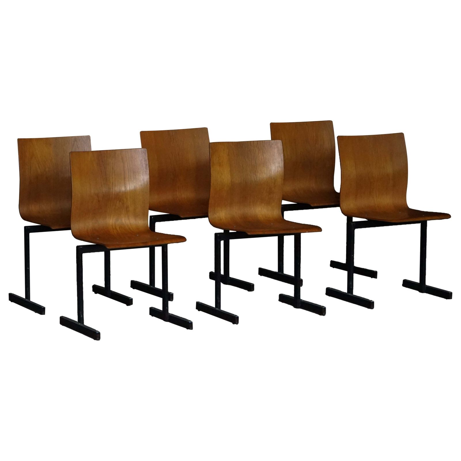 Set Of 6 Industrial Stackable Chairs By Niels Larsen, Black Metal & Oak, 1960s