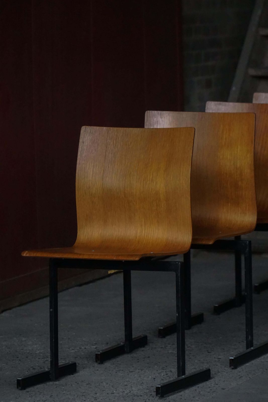 2686.0 Set Of 6 Industrial Stackable Chairs By Niels Larsen, Black Metal & Oak, 1960s photo