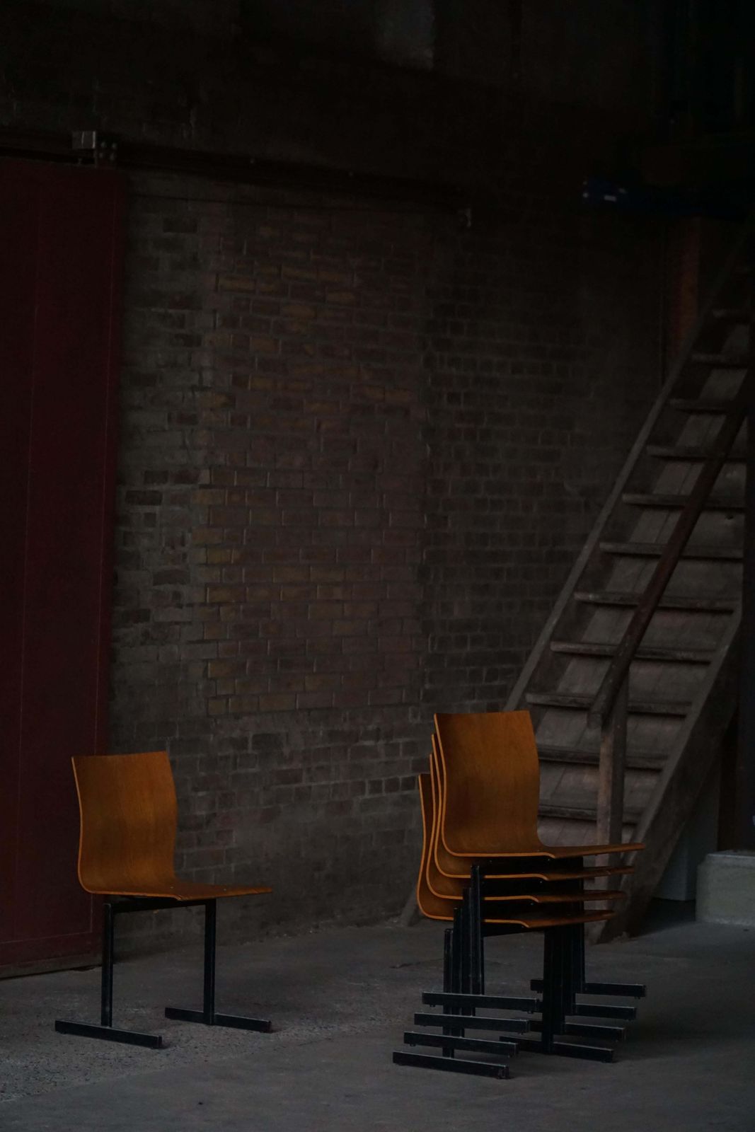 photo buy Set Of 6 Industrial Stackable Chairs By Niels Larsen, Black Metal & Oak, 1960s