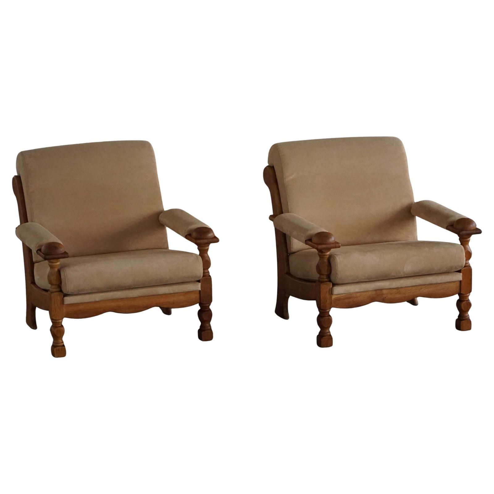 Mid 20th Century, Pair Of Armhairs By Henning Kjærnulf, Oak & Alcantara, 1960s