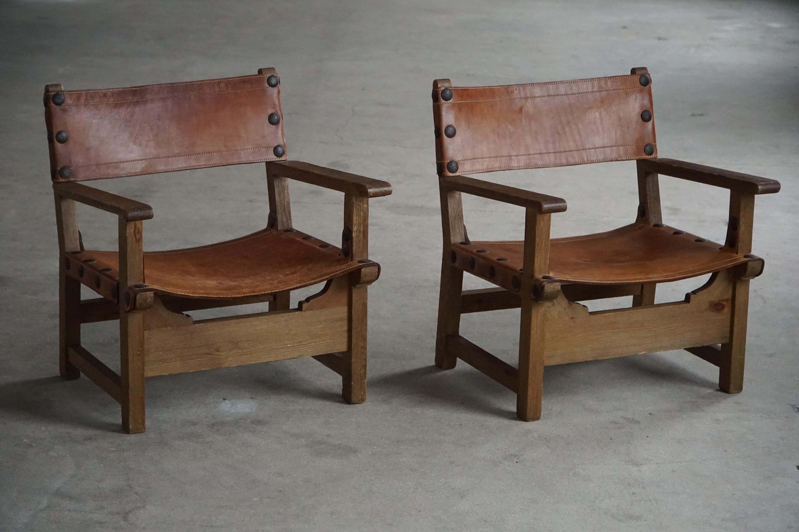 Mid 20th Century, Pair Of Spanish Brutalist Armchairs, Wood & Leather, 1960s photo for sale