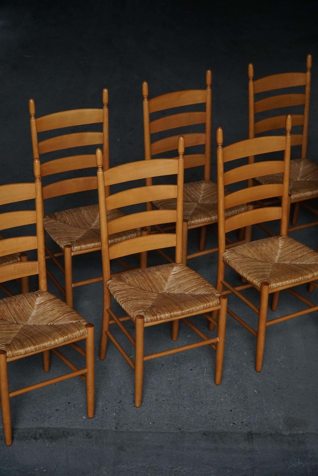 Furniture Set Of 8 Italian Modern Dining Chairs, Beech With Woven Seats, 1960s photo