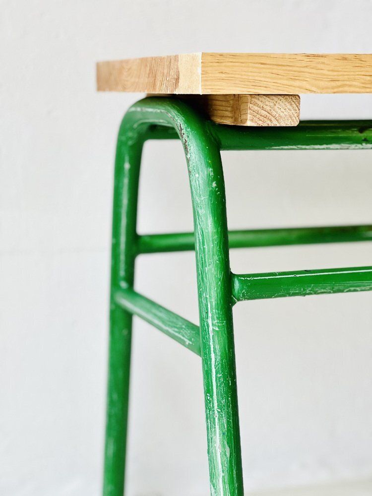 Industrial Metal & Spruce Bench, 1970s photo vintage