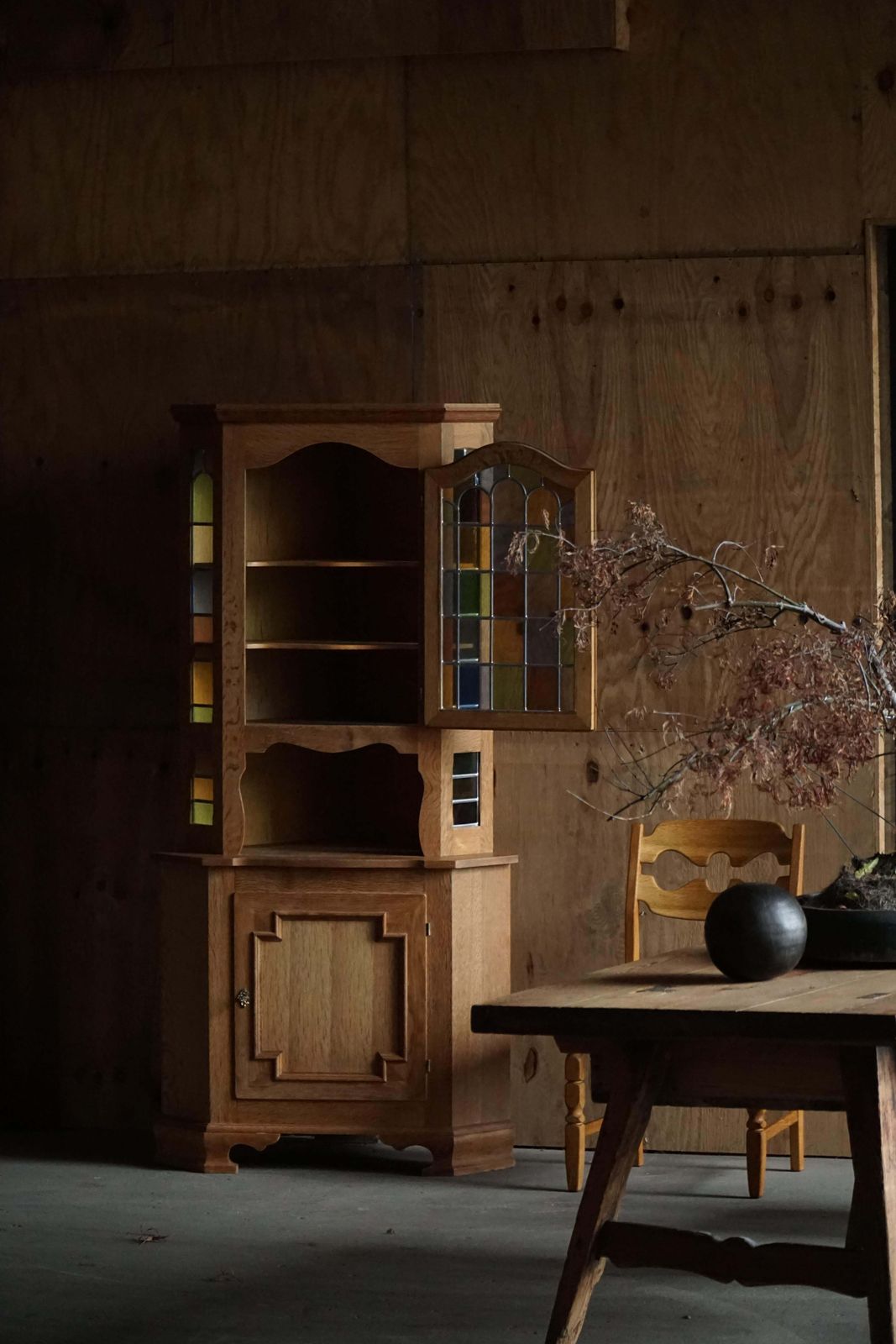 Danish Mid Century, Oak Corner Cabinet With Leaded Stained Glass, 1940s photo Furniture