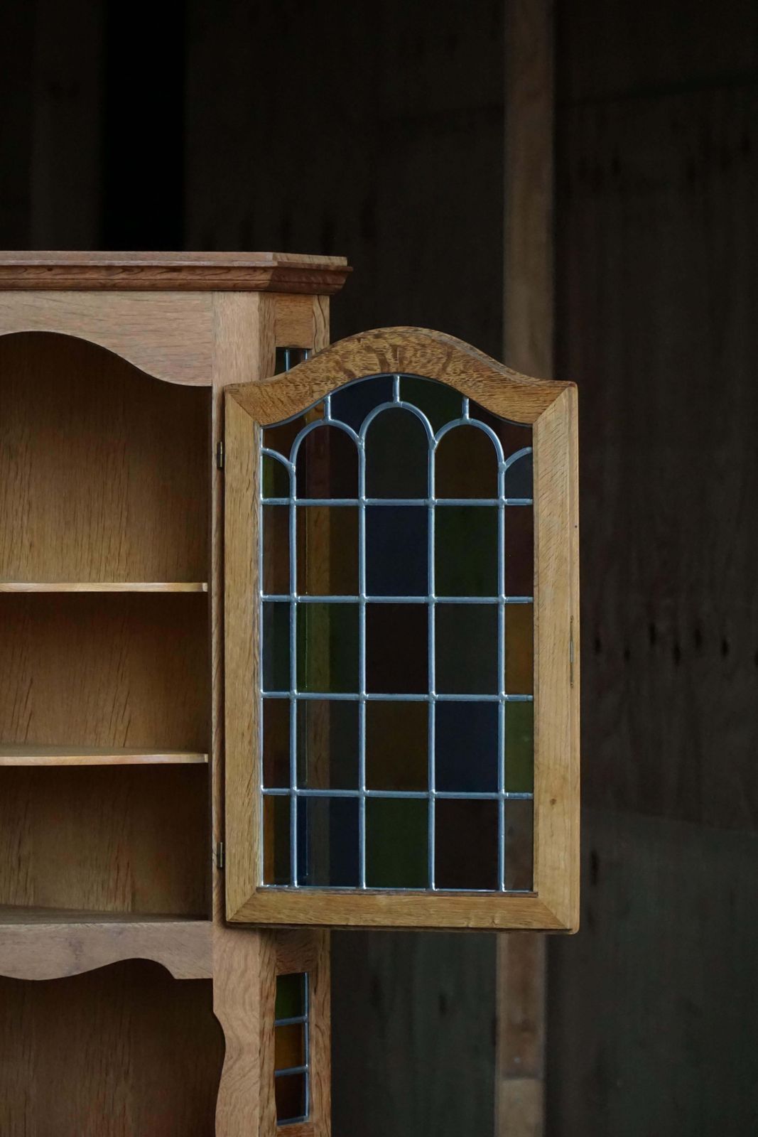 photo for sale Danish Mid Century, Oak Corner Cabinet With Leaded Stained Glass, 1940s
