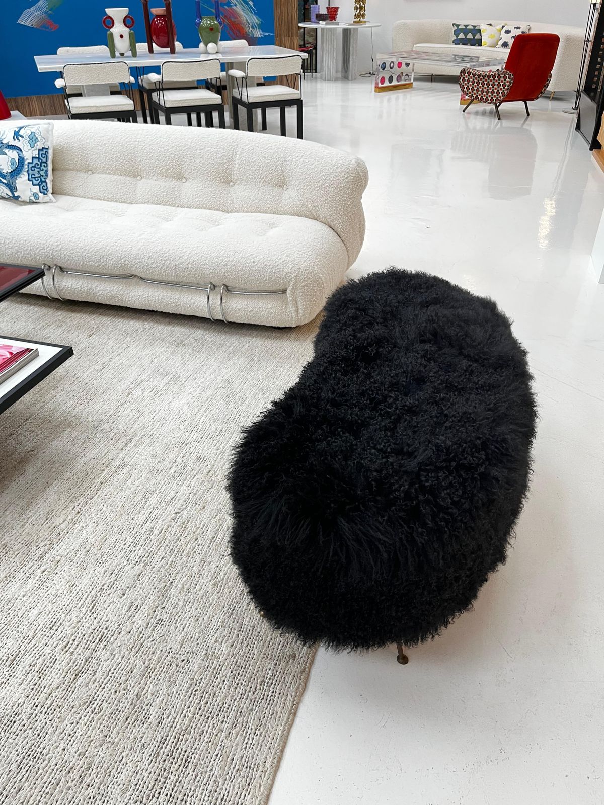 Mid Century Modern Black Mongolian Goat And Bronze Italian Stool, 1950s photo vinterior