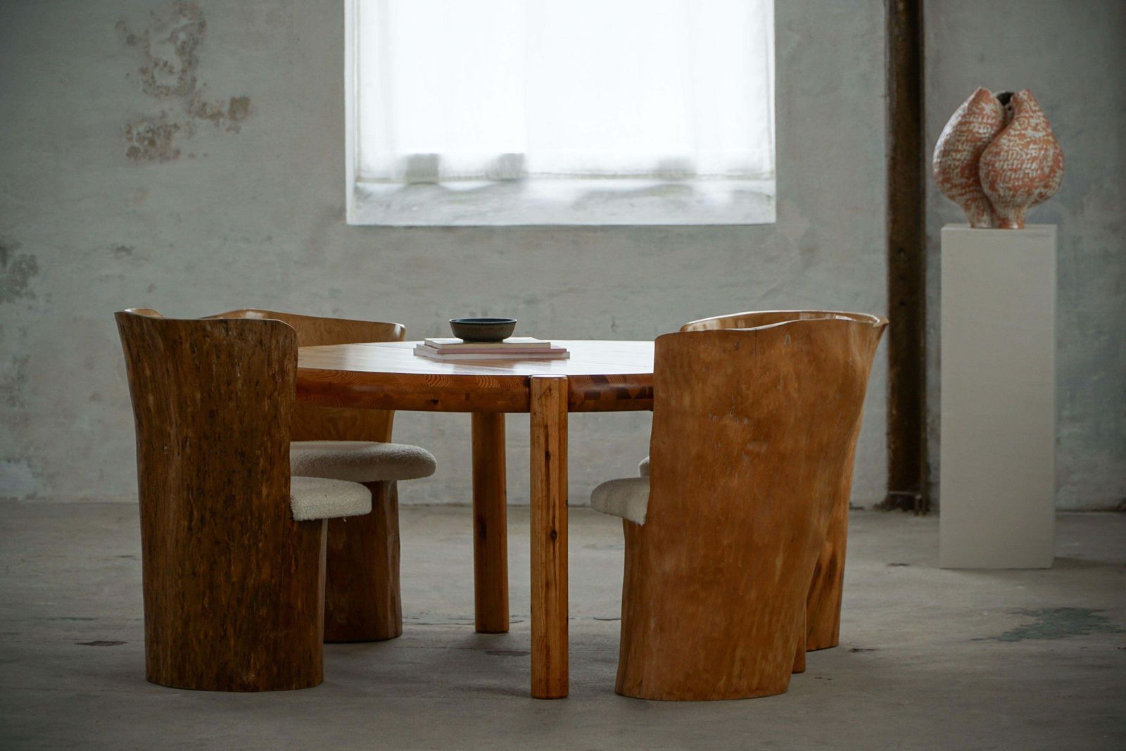 photo vinterior Swedish Modern, Set Of Four Stump Chairs, Solid Wood With Bouclé Seats, 1960s
