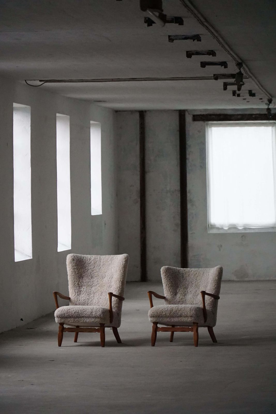 Viggo Boesen, Highback Chair In Oak & Shearling Lambswool, Danish Modern, 1950s photo vintage