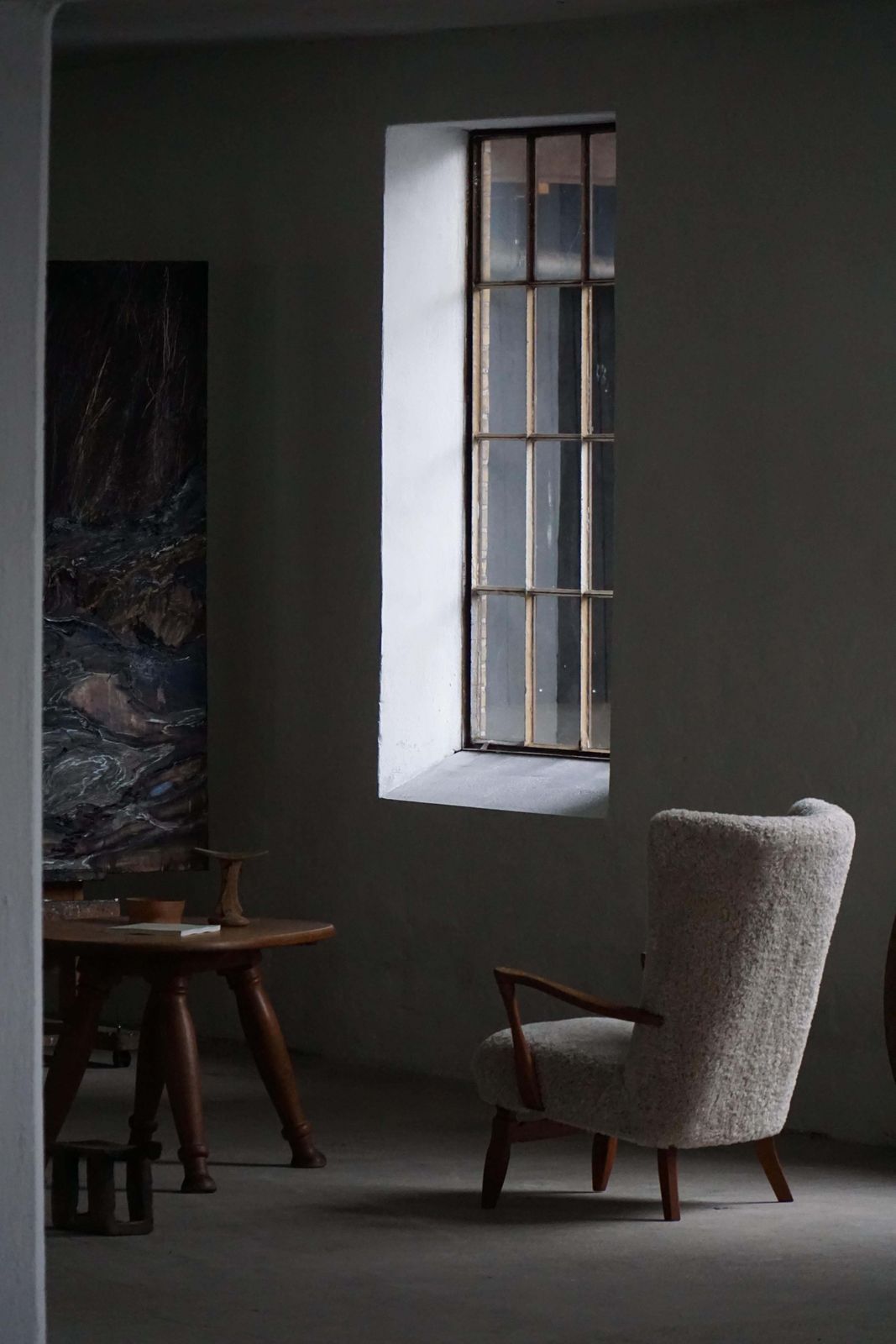 photo furniture Viggo Boesen, Highback Chair In Oak & Shearling Lambswool, Danish Modern, 1950s