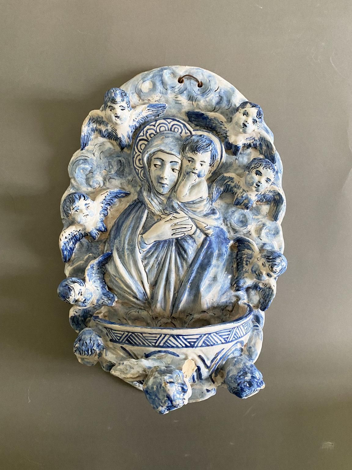 Italy Mid 20th Century White And Blue Pottery Holy Water Font With Little Angels photo furniture