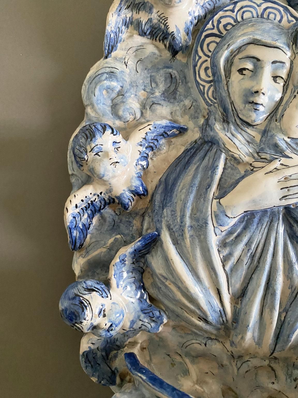 Italy Mid 20th Century White And Blue Pottery Holy Water Font With Little Angels photo buy