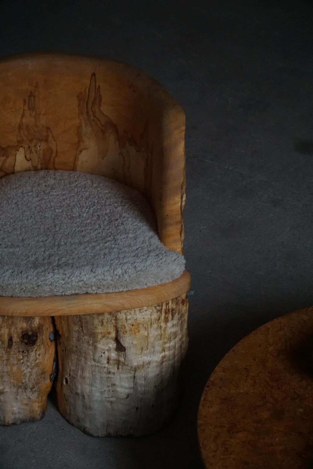 photo furniture Brutalist Stump Chair In Solid Wood & Lambswool Seat, Swedish Mid Century, 1960s