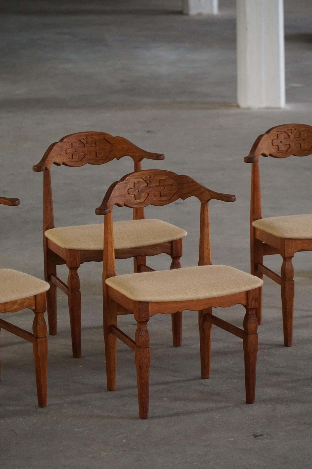 Henning Kjærnulf, Set Of 8 Chairs In Oak & Hessian, Danish Mid Century, 1960s photo furniture