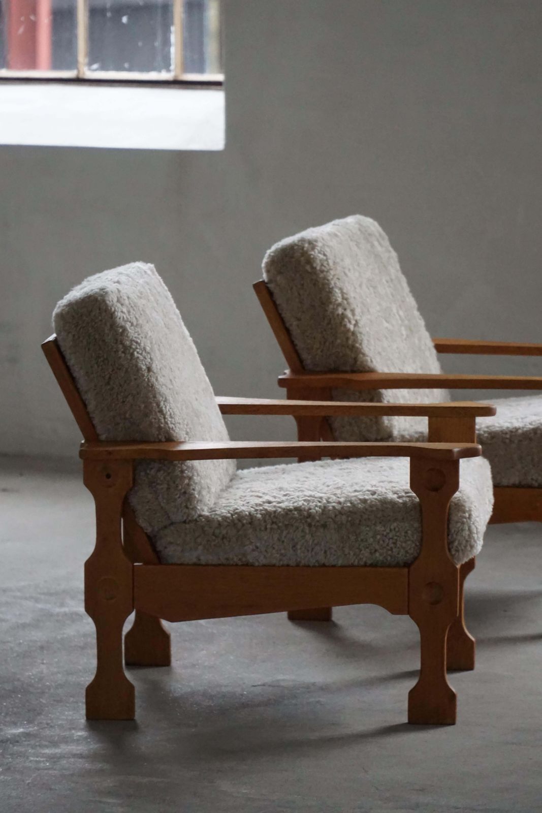 Danish Modern, Pair Of Lounge Chairs In Oak & Lambswool, Henning Kjærnulf, 1960s photo buy