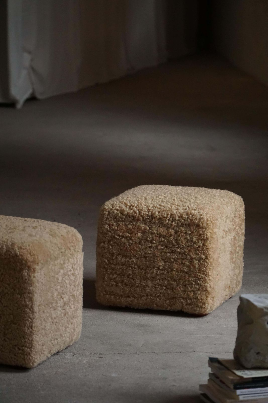 French Mid Century Modern, A Pair Of Cube Poufs / Stools In Lambswool, 1960s photo for sale